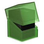 Grüne Ultimate Guard Boulder 100+ Hybrid Deckbox mit transparentem Deckel, geöffnet, für Magic: The Gathering Karten.