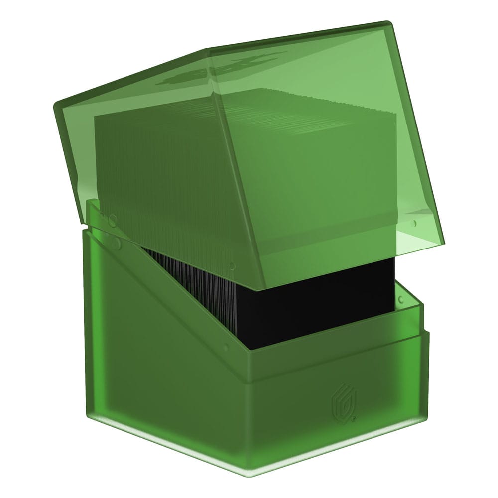 Grüne Ultimate Guard Boulder 100+ Hybrid Deckbox mit transparentem Deckel, geöffnet, für Magic: The Gathering Karten.