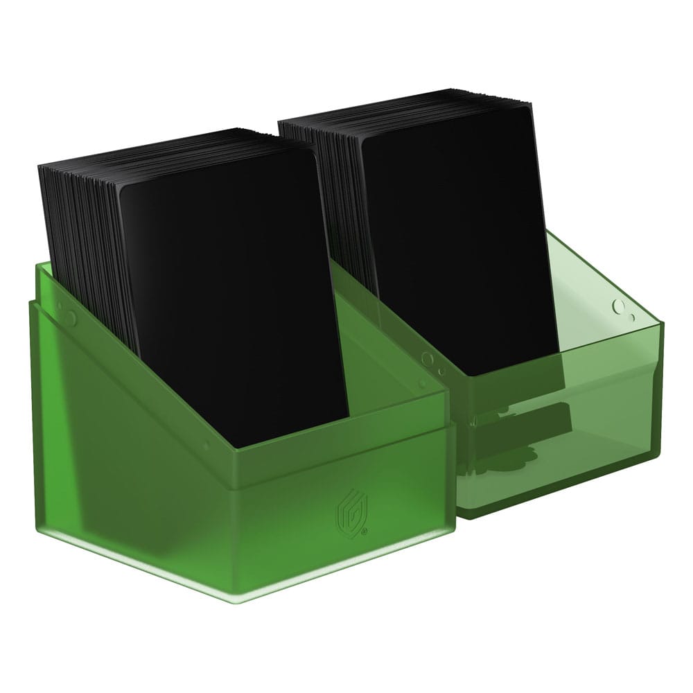 Grüner Ultimate Guard Boulder 100+ Hybrid Kartenhalter mit transparentem Deckel, gefüllt mit schwarzen Karten.