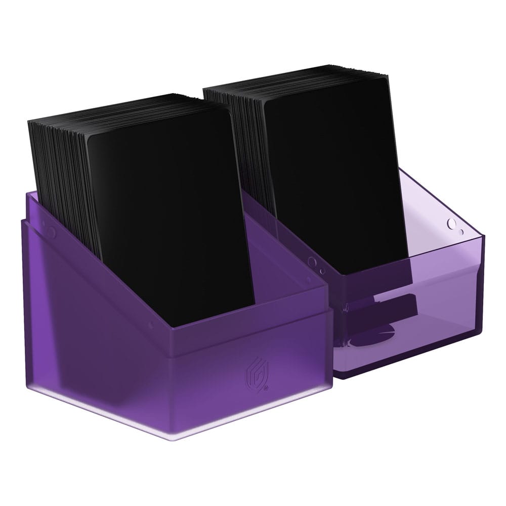 Ultimate Guard Boulder 100+ Hybrid Swamp Deckbox mit transparentem Deckel und lila Unterteil, Kartenhalter.