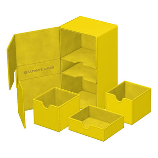 Ultimate Guard Twin Flip'n'Tray 200+ Xenoskin in Gelb, geöffnet mit herausnehmbaren Fächern, Summer Edition 2025.