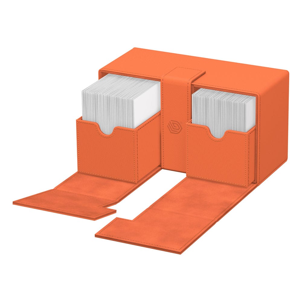 Ultimate Guard Twin Flip'n'Tray 200+ Peach, Summer Edition 2025, geöffnet mit Karten.