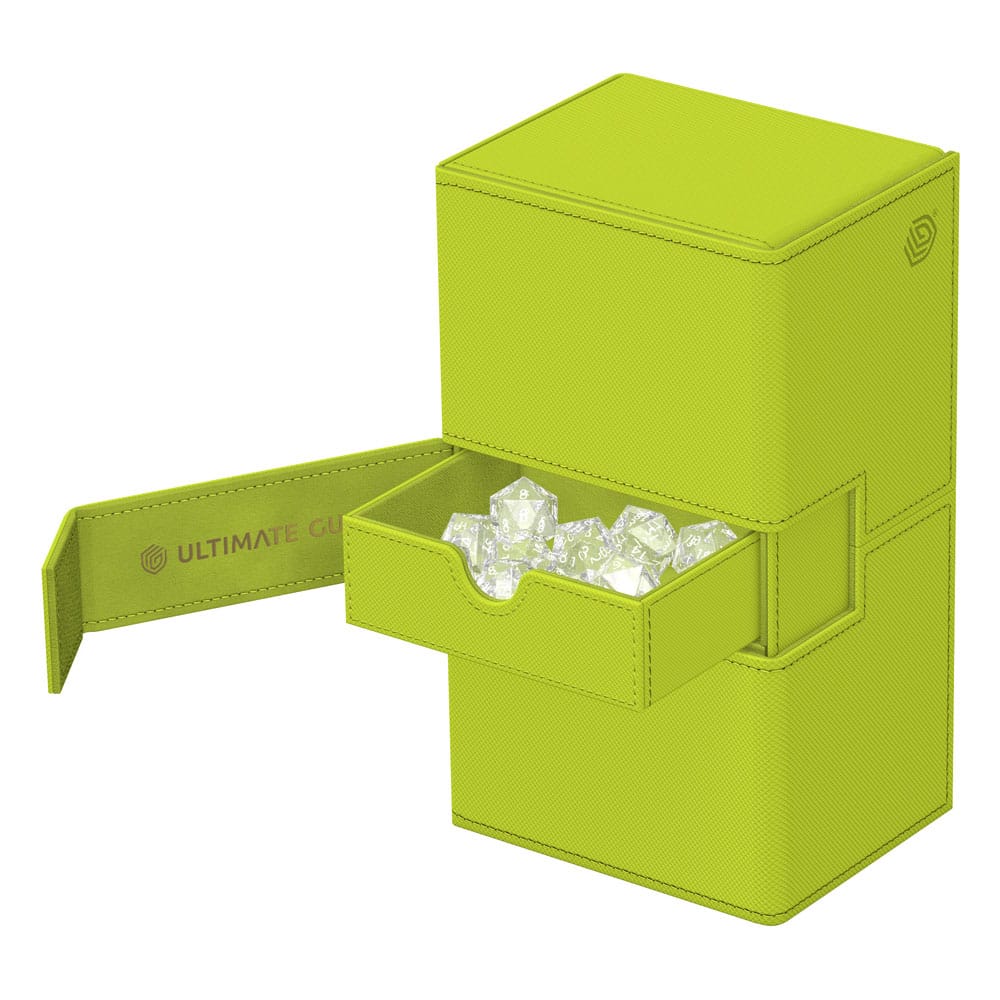 Ultimate Guard Twin Flip'n'Tray 200+ Lime, Summer Edition 2025, geöffnet mit Würfeln.