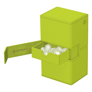 Ultimate Guard Twin Flip'n'Tray 200+ Lime, Summer Edition 2025, geöffnet mit Würfeln.