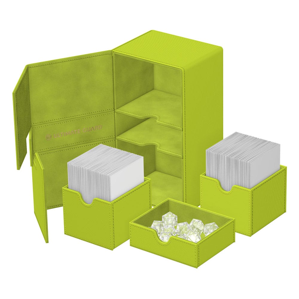 Ultimate Guard Twin Flip'n'Tray 200+ Lime, Sommer Edition 2025, Karten- und Würfelbox, offen mit Inhalt.