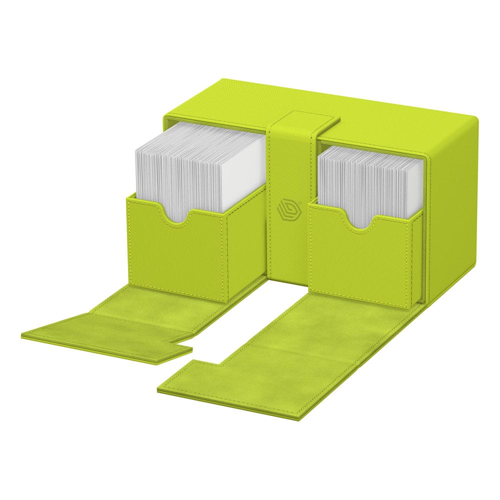 Ultimate Guard Twin Flip'n'Tray 200+ Xenoskin Lime, Sommer Edition 2025, geöffnet mit Kartenfächern.