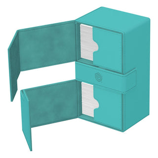 Ultimate Guard Twin Flip'n'Tray 200+ Xenoskin Lagoon, geöffnet, zeigt Kartenfächer.