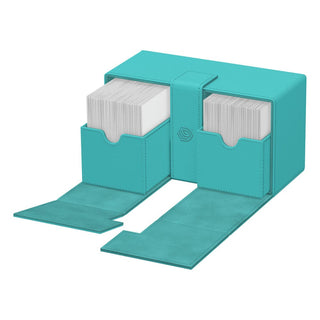 Ultimate Guard Twin Flip'n'Tray 200+ Xenoskin in Lagoon, geöffnet mit Kartenfächern, Summer Edition 2025.