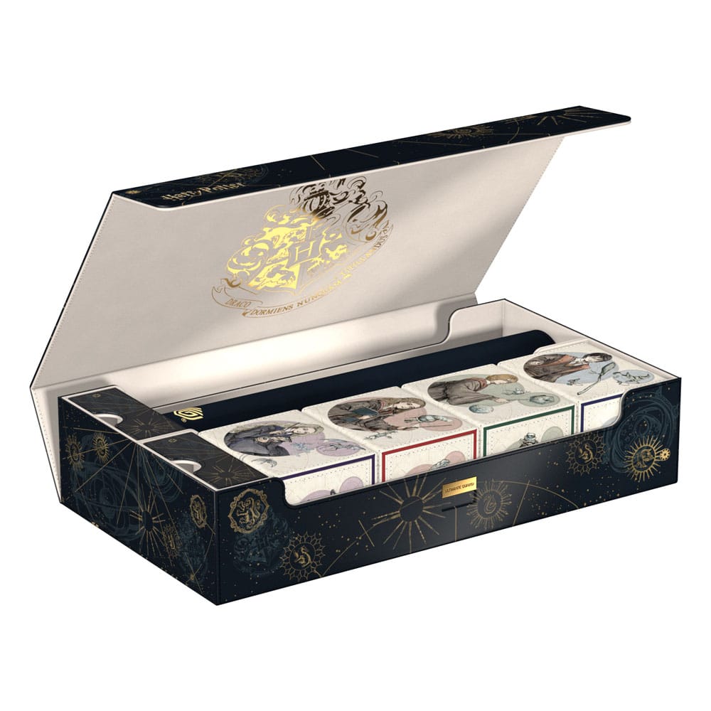 Ultimate Guard Omnihive 1000+ Xenoskin Harry Potter Aufbewahrungsbox, offen mit Kartenfächern, Hogwarts-Design.