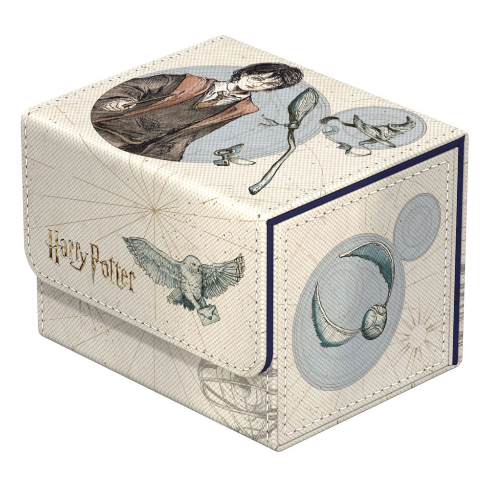Harry Potter Sidewinder 100+ Xenoskin Deck-Box mit Illustrationen von Hogwarts, Eule und Besen.