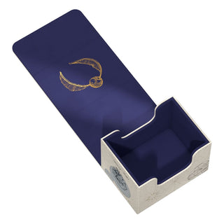 Harry Potter Sidewinder 100+ Xenoskin Deck-Box, offen, mit goldenem Schnatzmotiv auf blauem Innenfutter.