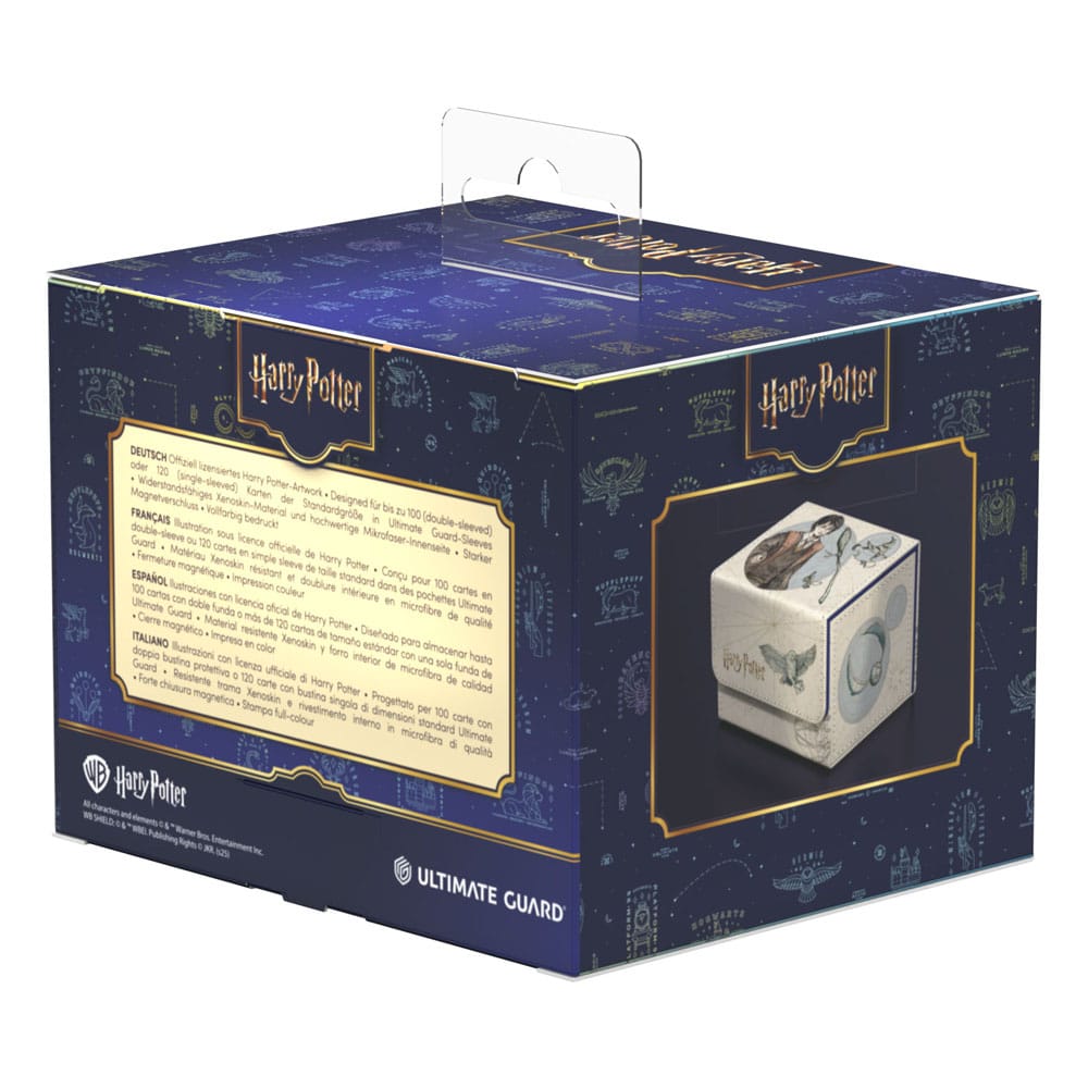 Ultimate Guard Sidewinder 100+ Xenoskin Harry Potter Deck-Box, blaues Design mit Hogwarts-Motiven.