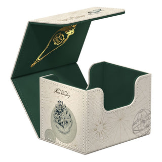 Ultimate Guard Sidewinder 100+ Xenoskin Deck-Box, Ron Weasley Design, geöffnet, Hogwarts-Wappen, grün-weiß.