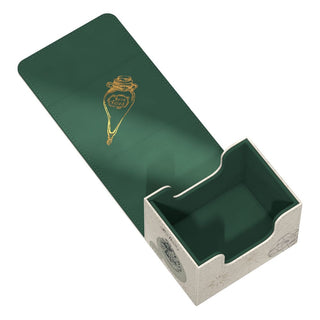 Offene Ultimate Guard Sidewinder 100+ Xenoskin Deck-Box, Harry Potter Design, grün mit goldenen Details.