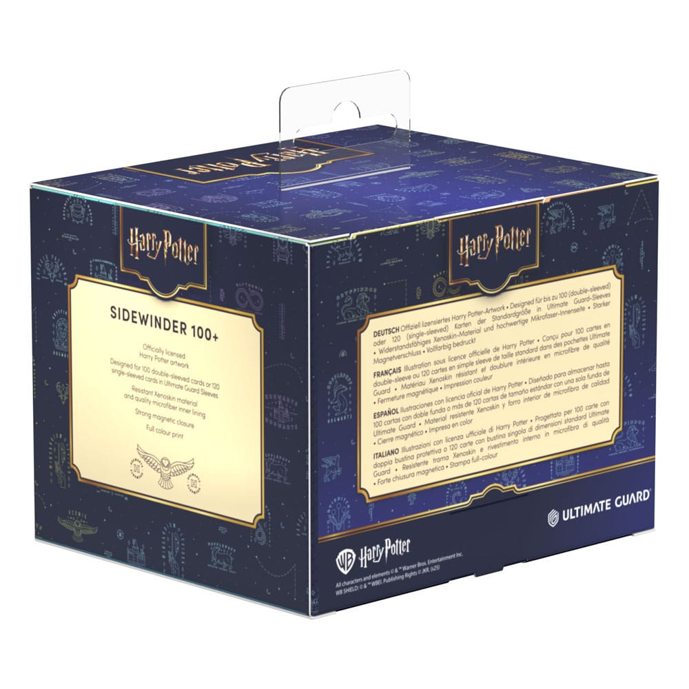 Ultimate Guard Sidewinder 100+ Xenoskin Harry Potter Deck-Box, blau, mit Hogwarts-Motiven und magnetischem Verschluss.