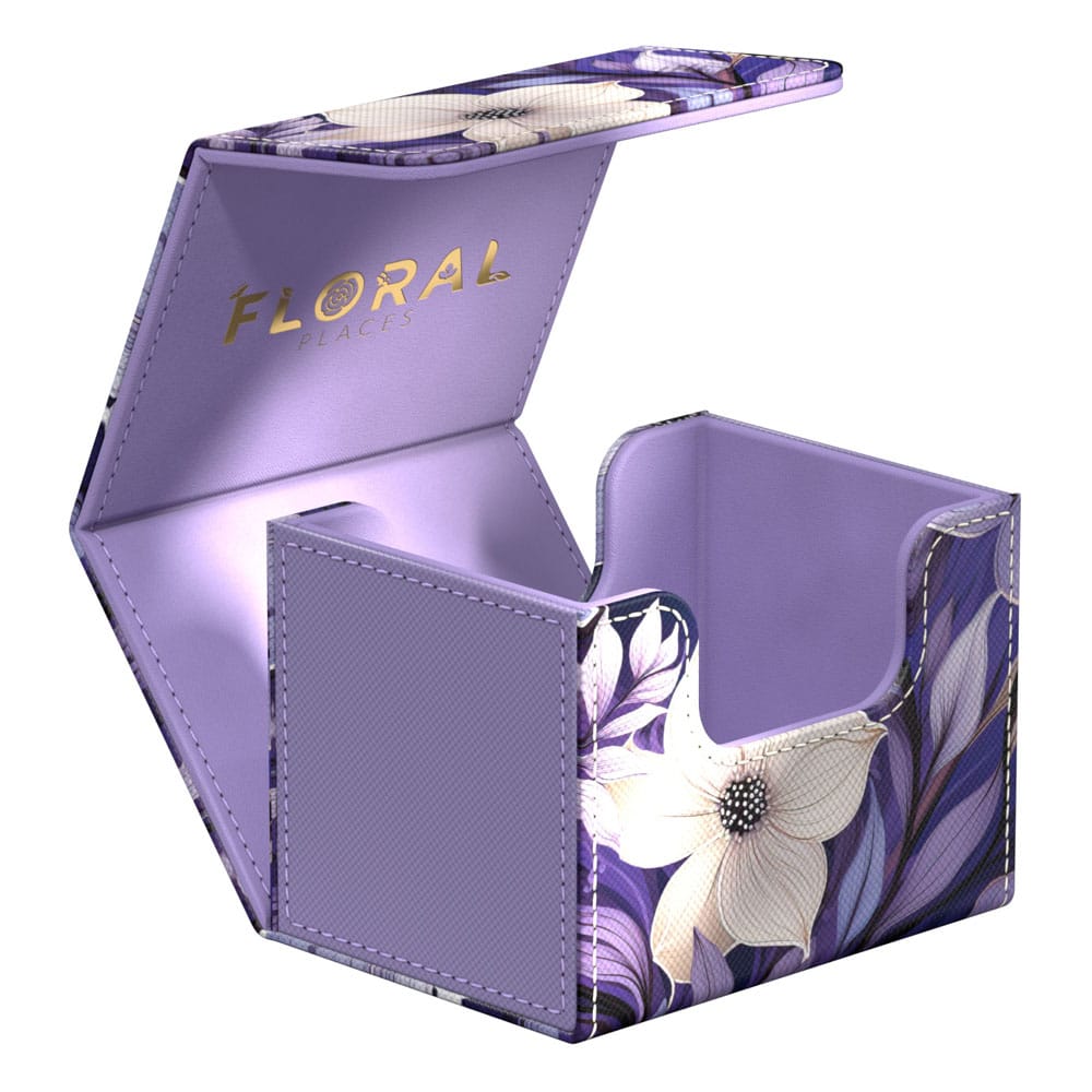 Lila Deck-Box mit Blumenmuster, geöffnet, von Ultimate Guard, für 100+ Karten, Xenoskin-Material, "Floral Places" Design.