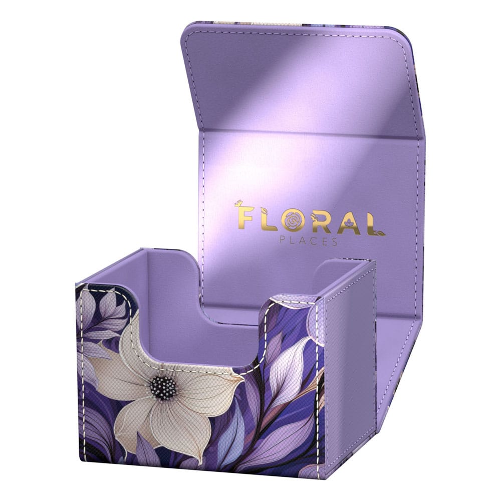 Ultimate Guard Sidewinder 100+ Xenoskin Deck-Box, lila mit Blumenmuster, offen, "Floral Places" Branding.