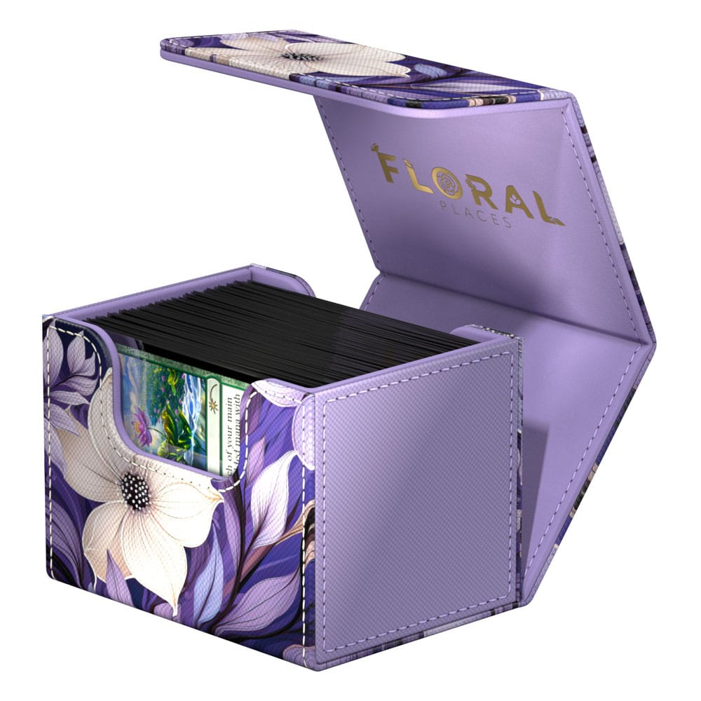 Lila Ultimate Guard Sidewinder 100+ Xenoskin Deck-Box mit floralem Design, offen mit Karten.