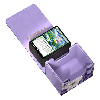 Ultimate Guard Sidewinder 100+ Xenoskin Deck-Box, lila, offen mit Karten, "Floral Places" Design.