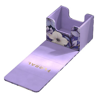 Ultimate Guard Sidewinder 100+ Xenoskin Deck-Box, lila mit Blumenmuster, geöffnet.