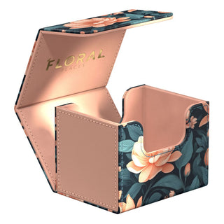 Ultimate Guard Sidewinder 100+ Xenoskin Deck-Box, florales Design, geöffnet, Mikrofaser-Innenfutter.