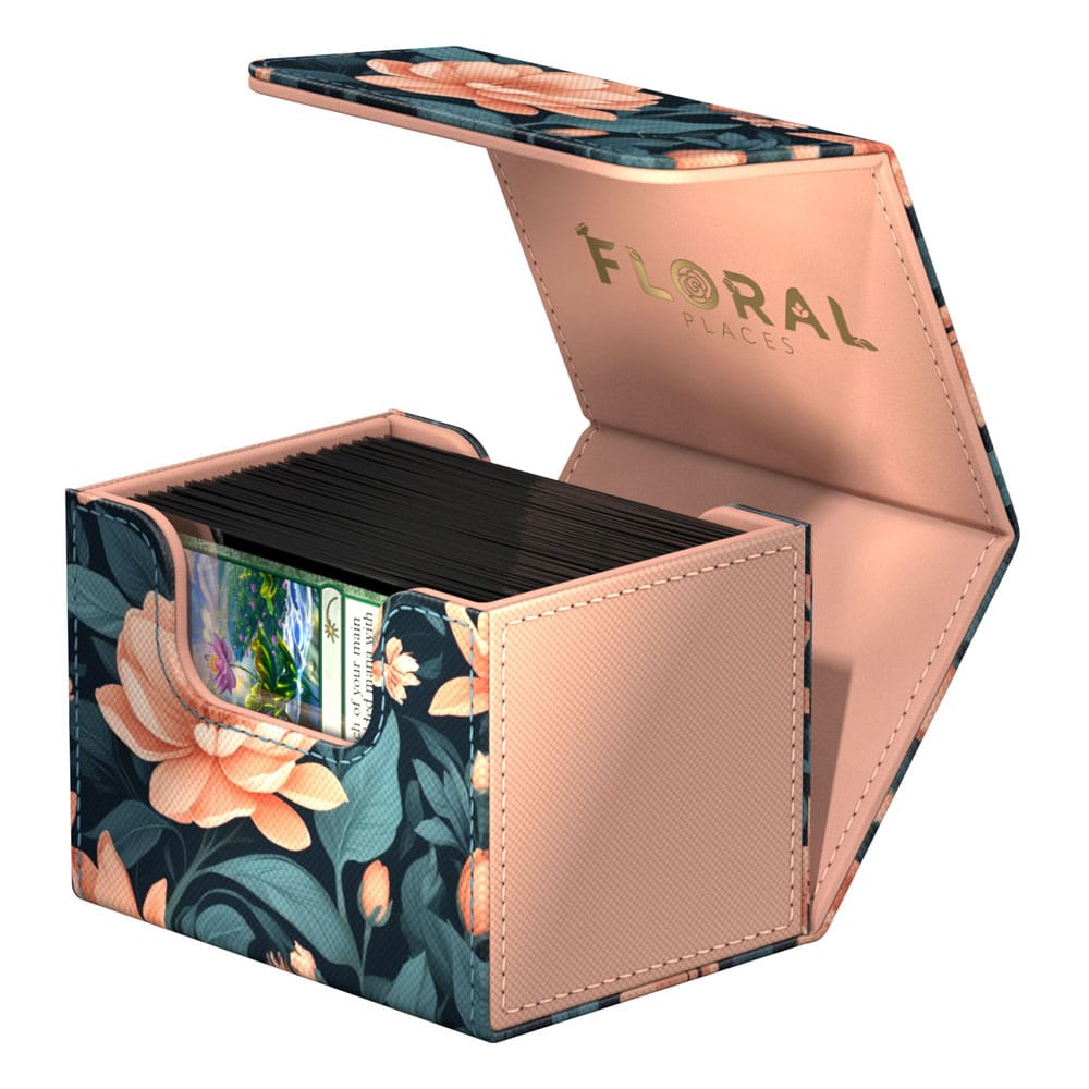 Ultimate Guard Sidewinder 100+ Xenoskin Deck-Box, floral Design, offen mit Karten, für Kartenspiele.
