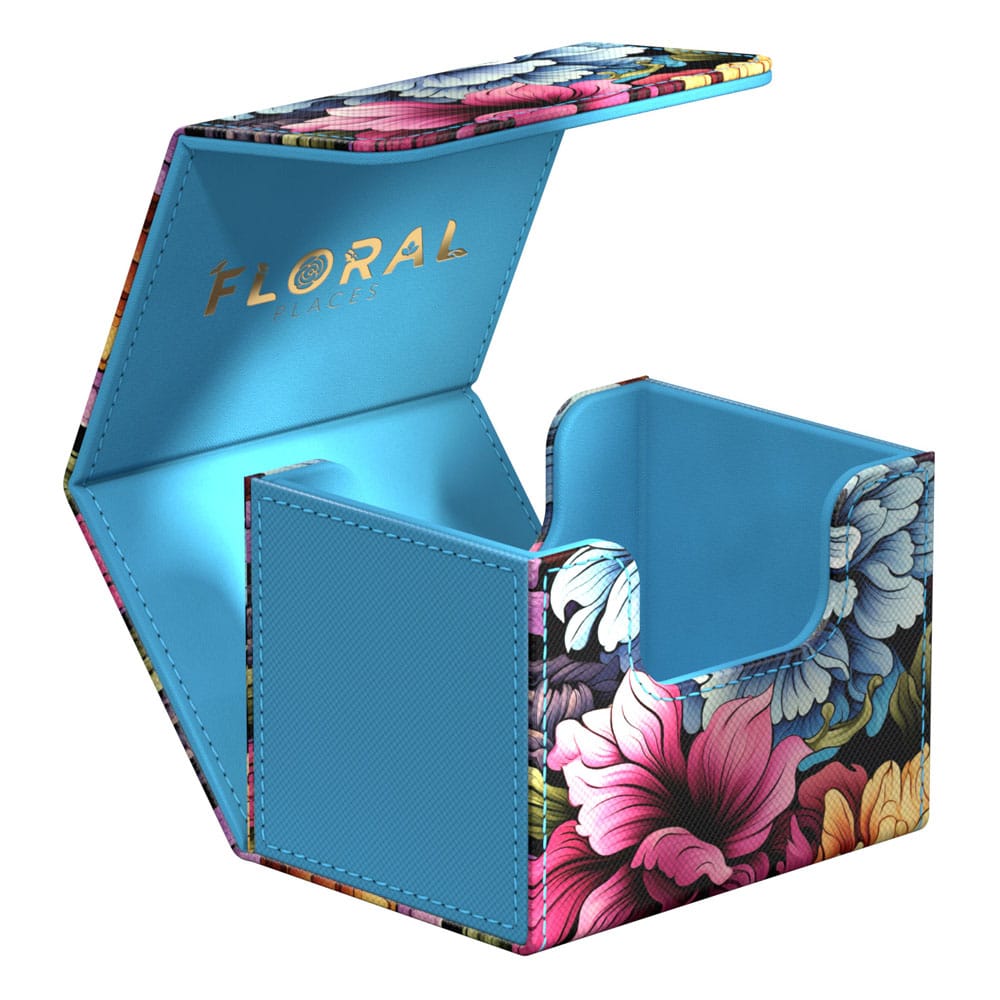 Ultimate Guard Sidewinder 100+ Xenoskin Deck-Box, floral, offen, blaues Innenfutter.