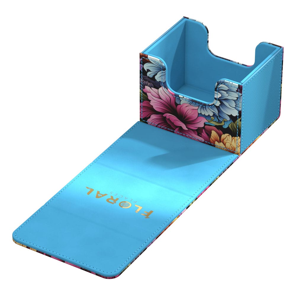 Ultimate Guard Sidewinder 100+ Xenoskin Deck-Box, floral Design, geöffnet, blaues Innenfutter.