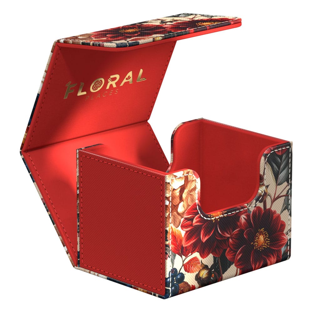 Ultimate Guard Sidewinder 100+ Xenoskin Deck-Box, floral Design, offen, rote Innenauskleidung.