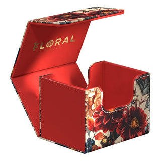 Ultimate Guard Sidewinder 100+ Xenoskin Deck-Box, floral Design, offen, rote Innenauskleidung.