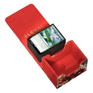 Ultimate Guard Sidewinder 100+ Xenoskin Deck-Box, floral, geöffnet mit Kartenstapel.