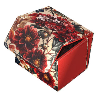 Ultimate Guard Sidewinder 100+ Xenoskin Deck-Box mit floralem Design, geöffnet, zeigt rote Blumenmuster.