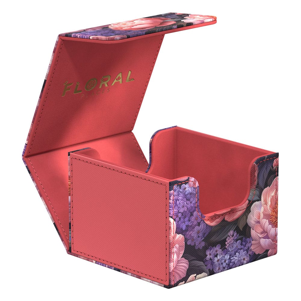 Ultimate Guard Sidewinder 133+ Xenoskin Deck-Box, florales Design, offen, rote Innenseite.