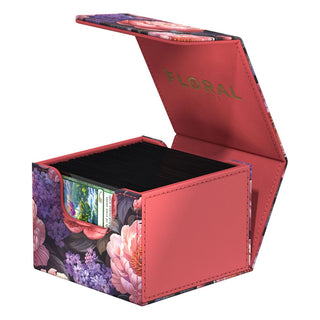 Ultimate Guard Sidewinder 133+ Xenoskin Deck-Box, floral, offen mit Karten.