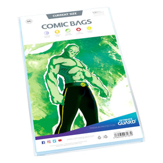 Ultimate Guard Comic Bags, 100 Stück, aktuelle Größe, grüne Comicfigur auf Verpackung, säurefrei, archivierungssicher.